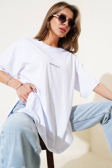 Barfield Baskılı Duble Kol T-shirt Beyaz - Kadın Giyim Modelleri