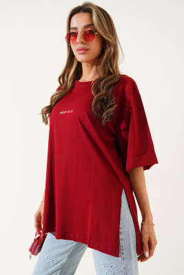 Barfield Baskılı Duble Kol T-shirt Bordo - Kadın Giyim Modelleri
