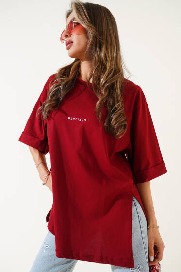 Barfield Baskılı Duble Kol T-shirt Bordo - Kadın Giyim Modelleri