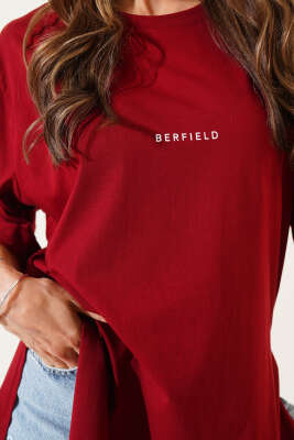 Barfield Baskılı Duble Kol T-shirt Bordo - Kadın Giyim Modelleri