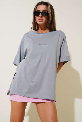 Barfield Baskılı Duble Kol T-shirt Gri - Kadın Giyim Modelleri