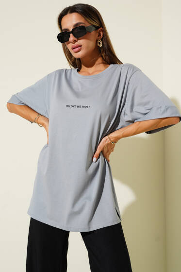 Barfield Baskılı Duble Kol T-shirt Kayrak Grisi - Kadın Giyim Modelleri