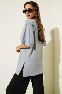 Barfield Baskılı Duble Kol T-shirt Kayrak Grisi - Kadın Giyim Modelleri