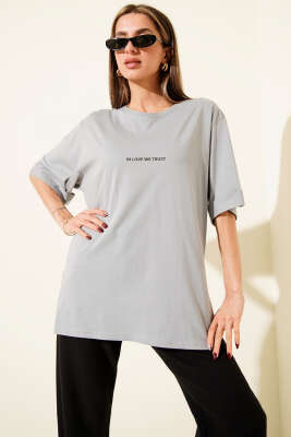 Barfield Baskılı Duble Kol T-shirt Kayrak Grisi - Kadın Giyim Modelleri