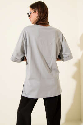 Barfield Baskılı Duble Kol T-shirt Kayrak Grisi - Kadın Giyim Modelleri