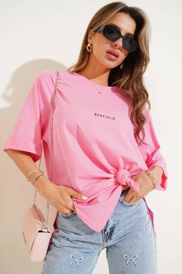 Barfield Baskılı Duble Kol T-shirt Pembe - Kadın Giyim Modelleri