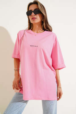 Barfield Baskılı Duble Kol T-shirt Pembe - Kadın Giyim Modelleri
