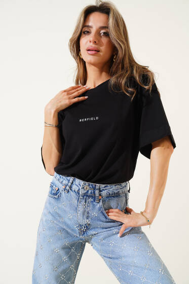 Barfield Baskılı Duble Kol T-shirt Siyah - Kadın Giyim Modelleri