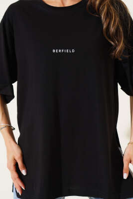 Barfield Baskılı Duble Kol T-shirt Siyah - Kadın Giyim Modelleri