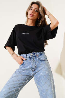Barfield Baskılı Duble Kol T-shirt Siyah - Kadın Giyim Modelleri