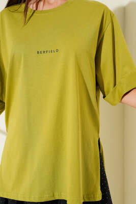 Barfield Baskılı Duble Kol T-shirt Yağ Yeşili - Kadın Giyim Modelleri