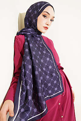 Barok Motifli Soft Şal Lacivert - Başörtüsü