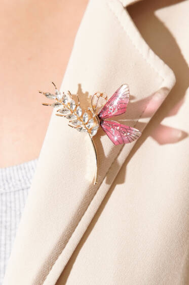 Başak Detaylı Kristal Taşlı Broş Fuşya - Broş