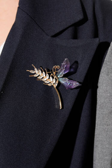 Başak Detaylı Kristal Taşlı Broş Lila - Broş