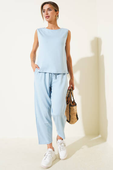 Basic Bel Lastikli Bluzlu İkili Takım Bebe Mavi - Kadın Giyim Modelleri
