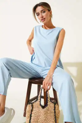 Basic Bel Lastikli Bluzlu İkili Takım Bebe Mavi - Kadın Giyim Modelleri