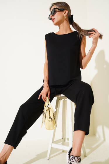 Basic Bel Lastikli Bluzlu İkili Takım Siyah - Kadın Giyim Modelleri