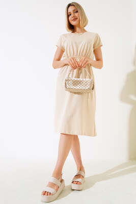 Basıc Beli Lastikli Elbise Bej - Kadın Giyim Modelleri