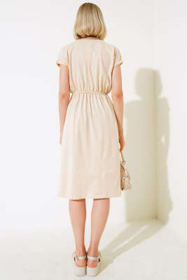 Basıc Beli Lastikli Elbise Bej - Kadın Giyim Modelleri