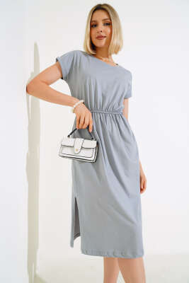 Basıc Beli Lastikli Elbise Gri - Kadın Giyim Modelleri
