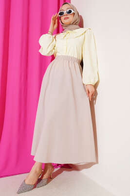 Basic Beli Lastikli Etek Bej - Uzun Etek