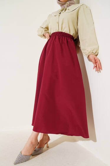 Basic Beli Lastikli Etek Bordo - Etek