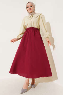 Basic Beli Lastikli Etek Bordo - Uzun Etek