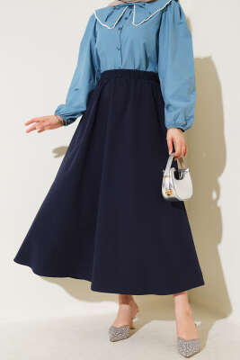Basic Beli Lastikli Etek Lacivert - Uzun Etek