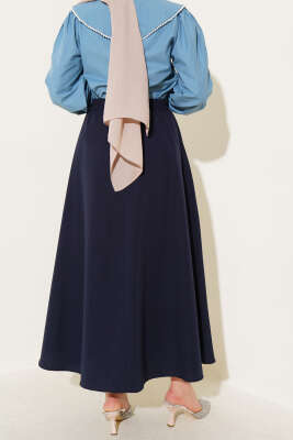 Basic Beli Lastikli Etek Lacivert - Uzun Etek