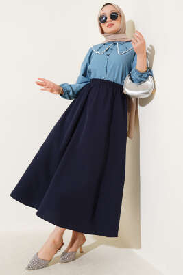 Basic Beli Lastikli Etek Lacivert - Uzun Etek