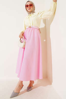 Basic Beli Lastikli Etek Pembe - Uzun Etek