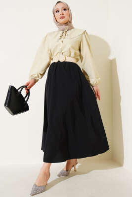 Basic Beli Lastikli Etek Siyah - Uzun Etek