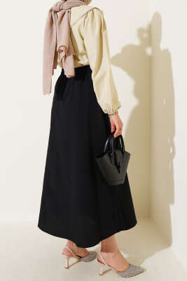 Basic Beli Lastikli Etek Siyah - Uzun Etek
