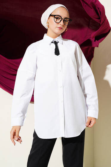 Basic Bilek Düğmeli Gömlek Beyaz - Yılın Fırsatı