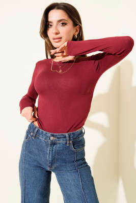 Basic Bisiklet Yaka Bodysuit Bordo - Kadın Giyim Modelleri