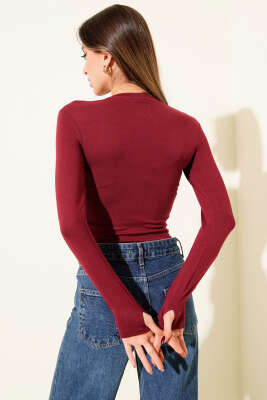 Basic Bisiklet Yaka Bodysuit Bordo - Kadın Giyim Modelleri