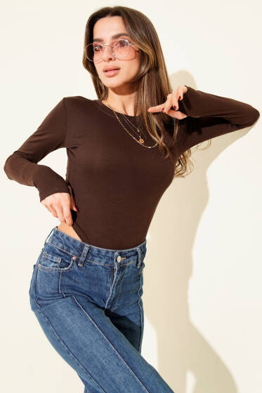 Basic Bisiklet Yaka Bodysuit Kahve - Kadın Giyim Modelleri