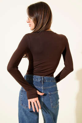Basic Bisiklet Yaka Bodysuit Kahve - Kadın Giyim Modelleri