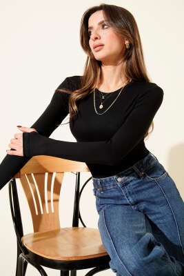 Basic Bisiklet Yaka Bodysuit Siyah 