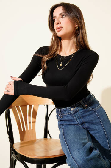 Basic Bisiklet Yaka Bodysuit Siyah - Kadın Giyim Modelleri