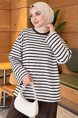 Basic Bisiklet Yaka Çizgili Tunik Kahve - Tunik