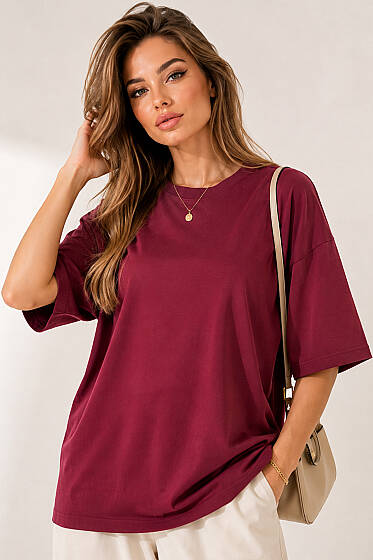 Basic Bisiklet Yaka Detaylı T-shirt Bordo - Kadın Giyim Modelleri