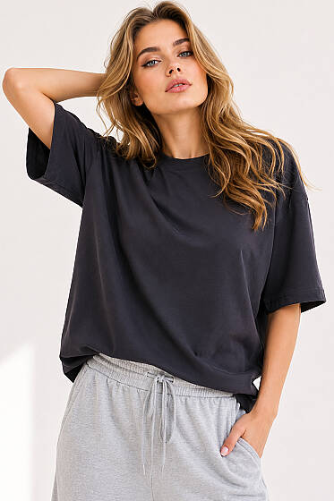 Basic Bisiklet Yaka Detaylı T-shirt Füme - Kadın Giyim Modelleri