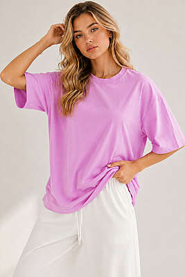 Basic Bisiklet Yaka Detaylı T-shirt Lila - YAZGI TEKSTİL
