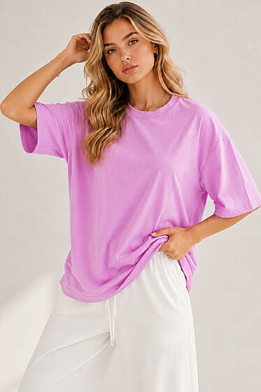 Basic Bisiklet Yaka Detaylı T-shirt Lila - Kadın Giyim Modelleri