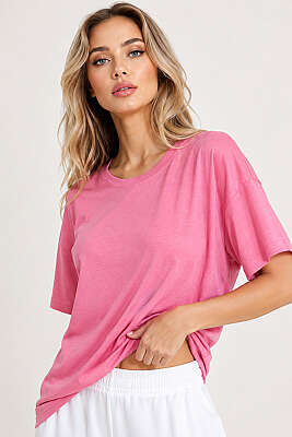 Basic Bisiklet Yaka Detaylı T-shirt Pembe - YAZGI TEKSTİL