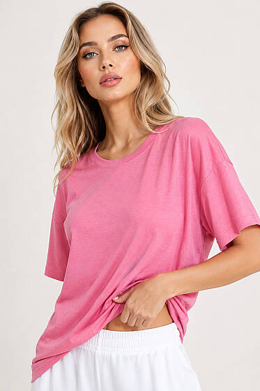 Basic Bisiklet Yaka Detaylı T-shirt Pembe - Kadın Giyim Modelleri
