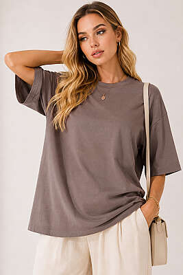 Basic Bisiklet Yaka Detaylı T-shirt Sütlü Kahve - YAZGI TEKSTİL