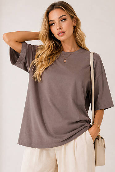 Basic Bisiklet Yaka Detaylı T-shirt Sütlü Kahve - Kadın Giyim Modelleri