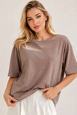 Basic Bisiklet Yaka Detaylı T-shirt Vizon - YAZGI TEKSTİL